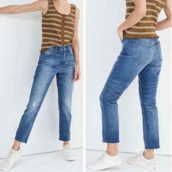 Madewell Denim - Madewell The High Rise Slim Crop BoyJean Dover Wash Raw Hem Distressed sz 27